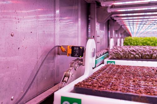 Detailed view of an inductive sensor in the ModuleX vertical farming module from Urban Crop Solutions.