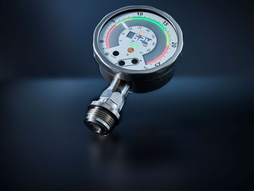 页面的预告图片： 带智能压力显示器的电子压力表. 多色LED显示器清晰显示压力范围和压力值。