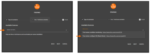 Screenshot of moneo license activation with dropdown showing which license to choose