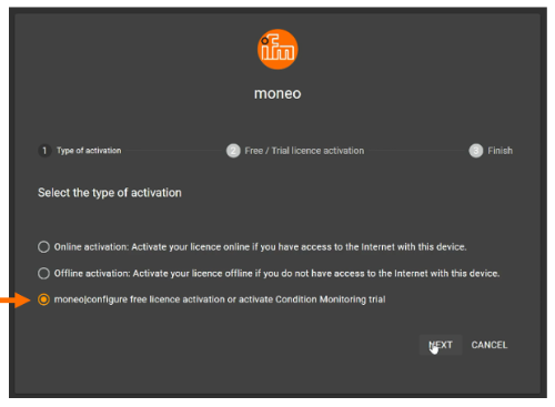 Screenshot of moneo configure license activation with radio button highlighted