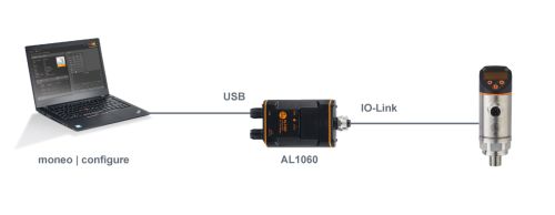 Laptop connected with a USB cable to an IO-Link adapter and then connected to a sensor